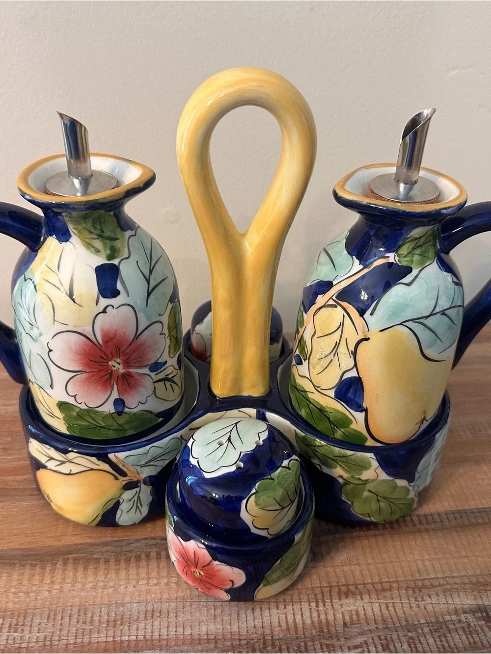 Hand Painted Oil Vinegar Salt Pepper Cruet Set Floral Fruit Caddy